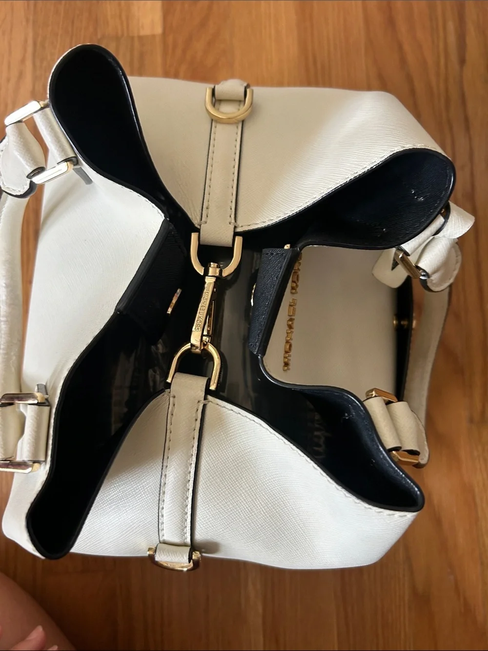 Michael Kors Cream Saffiano Leather Tote with Black Trim and Gold Hardware